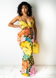 Fashion sexy mid-waist print suspender hip-length skirt dress WY6785
