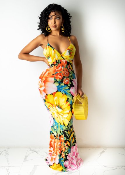 Fashion sexy mid-waist print suspender hip-length skirt dress WY6785