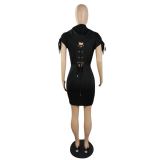 Fashion new casual solid color bandage hooded dress p8581