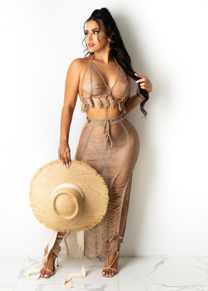 Women's sexy see-through fringed knitted beach skirt cover Z0104