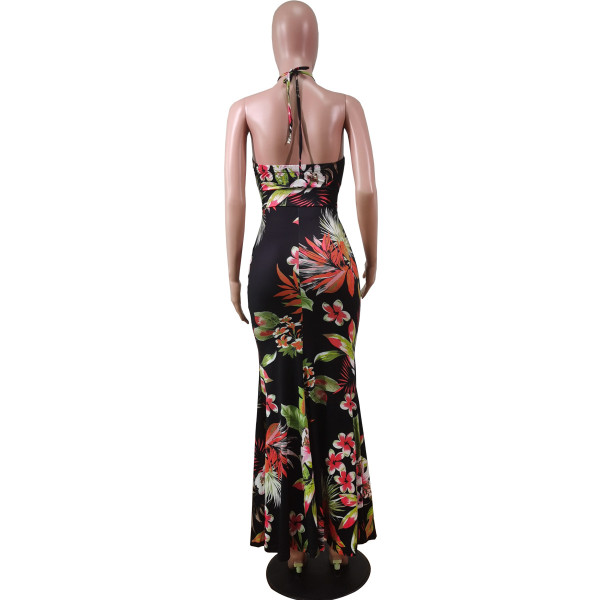 Fashion sexy halter halter print long skirt dress WY6791