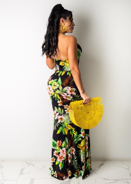 Fashion sexy halter halter print long skirt dress WY6791