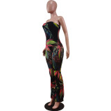 Fashion sexy wrap-chested mesh printed jumpsuit WY6782