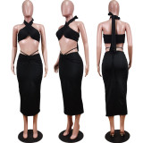Fashion sexy solid color hollow wrap breast skirt suit WY6784