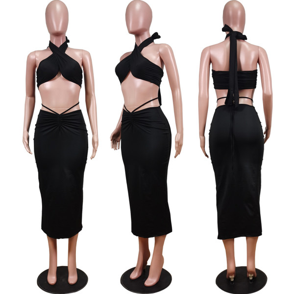 Fashion sexy solid color hollow wrap breast skirt suit WY6784