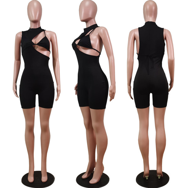 Fashion sexy solid color sleeveless shorts with invisible zipper behind the jumpsuit WY6795