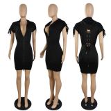 Fashion new casual solid color bandage hooded dress p8581