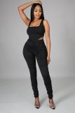 New solid color casual high elastic fold two-piece suit p8582