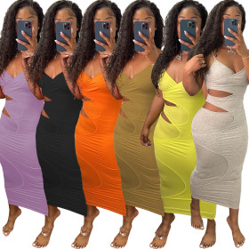 Fashion sexy solid color suspender hollow dress WY6797