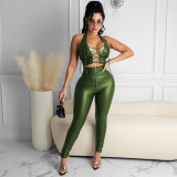 Sexy ladies suit PU leather pants zipper feet leather pants lace-up vest suit Y097