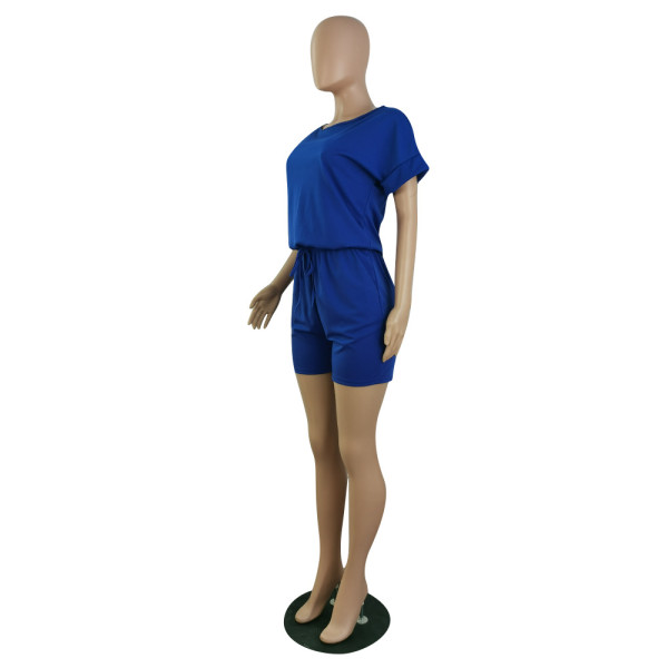 New solid color short-sleeved T-shirt shorts with pockets jumpsuit P8589