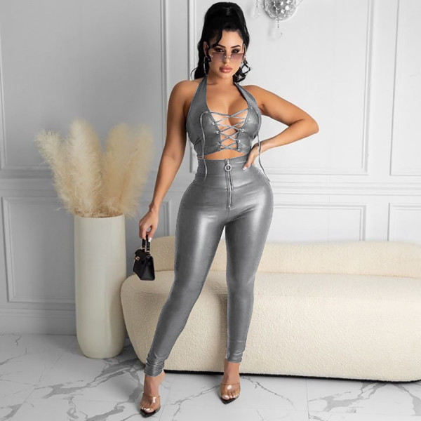 Sexy ladies suit PU leather pants zipper feet leather pants lace-up vest suit Y097