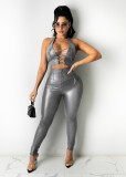 Sexy ladies suit PU leather pants zipper feet leather pants lace-up vest suit Y097