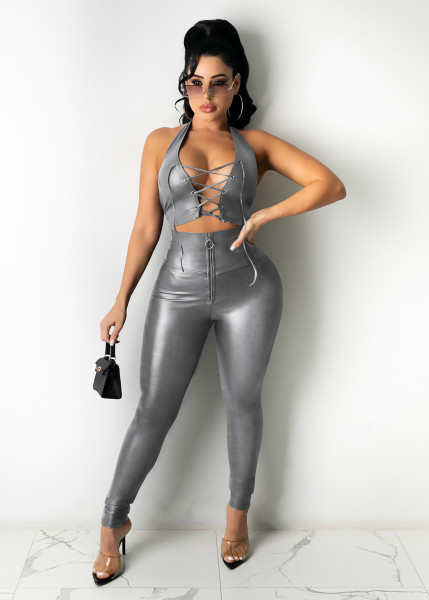 Sexy ladies suit PU leather pants zipper feet leather pants lace-up vest suit Y097