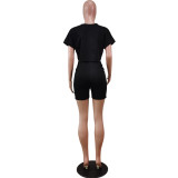 Fashion round neck short-sleeved sweater pocket two-piece shorts suit WY6780
