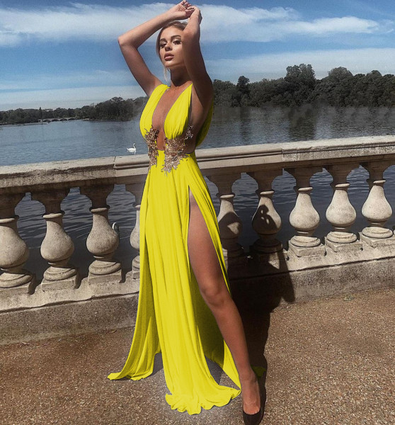 Ladies long skirt sexy fashion wedding evening dress deep V high split part large swing floor long skirt  G0393