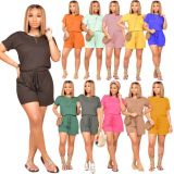 New solid color short-sleeved T-shirt shorts with pockets jumpsuit P8589
