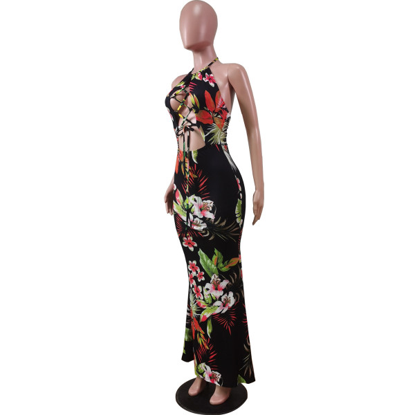 Fashion sexy halter halter print long skirt dress WY6791
