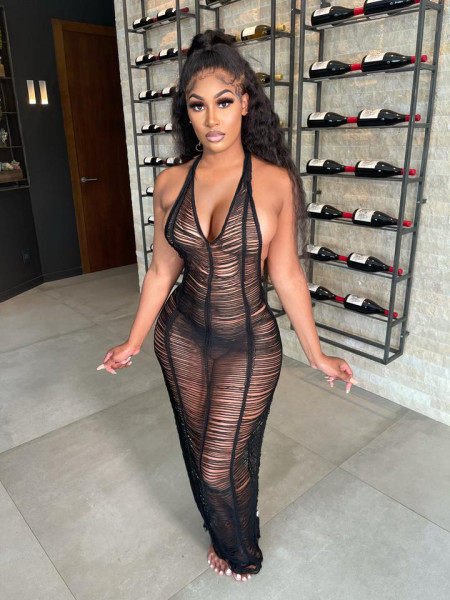 Ladies beach long skirt sexy see-through body deep V-neck halter neck tie tight skirt Z098