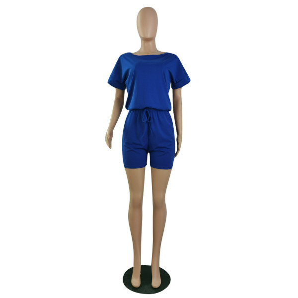 New solid color short-sleeved T-shirt shorts with pockets jumpsuit P8589