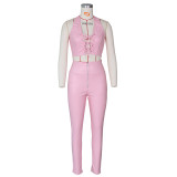 Sexy ladies suit PU leather pants zipper feet leather pants lace-up vest suit Y097