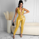 Sexy ladies suit PU leather pants zipper feet leather pants lace-up vest suit Y097