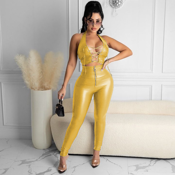 Sexy ladies suit PU leather pants zipper feet leather pants lace-up vest suit Y097