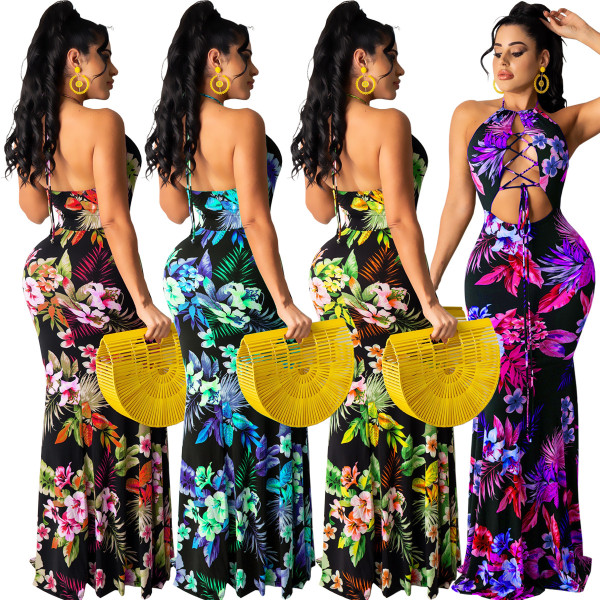 Fashion sexy halter halter print long skirt dress WY6791