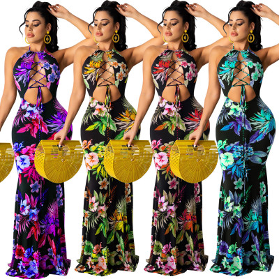 Fashion sexy halter halter print long skirt dress WY6791