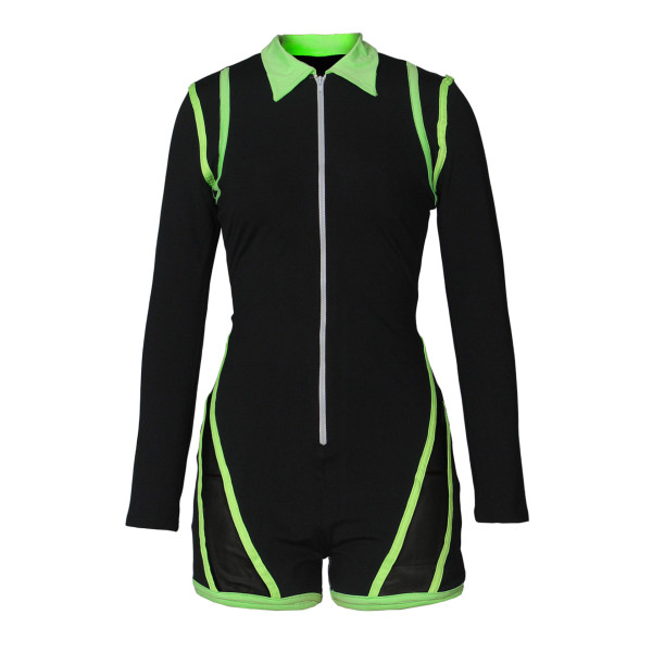 Fashion fluorescent color stitching mesh sexy slim sports jumpsuit G0196