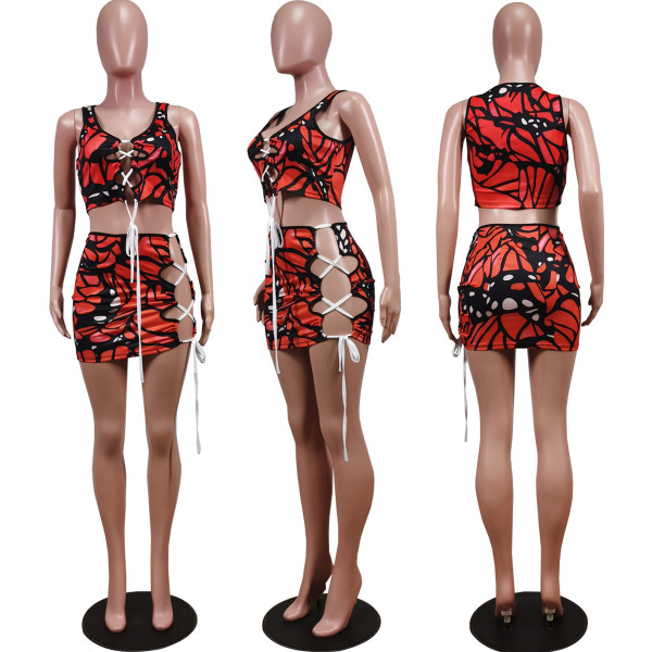 Fashion sexy printed umbilical vest sleeveless skirt suit with tie stitching WY6778