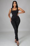 New solid color casual high elastic fold two-piece suit p8582