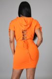 Fashion new casual solid color bandage hooded dress p8581
