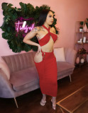 Fashion sexy solid color hollow wrap chest tie waist long skirt WY6774
