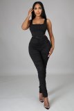 New solid color casual high elastic fold two-piece suit p8582