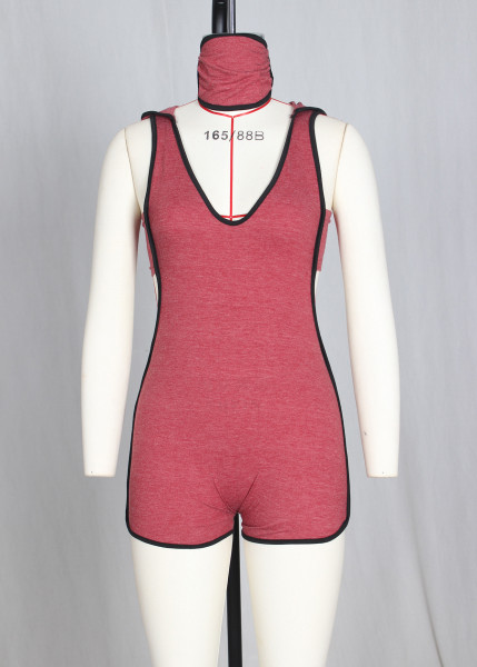 Pure color deep V-neck sleeveless shorts sports jumpsuit cotton + mask G0288