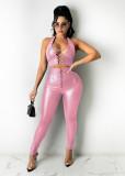 Sexy ladies suit PU leather pants zipper feet leather pants lace-up vest suit Y097