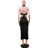 Fashion sexy solid color hollow wrap chest tie waist long skirt WY6774