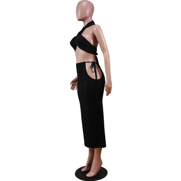 Fashion sexy solid color hollow wrap chest tie waist long skirt WY6774
