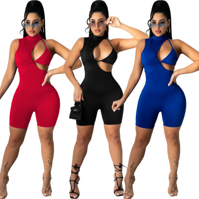 Fashion sexy solid color sleeveless shorts with invisible zipper behind the jumpsuit WY6795