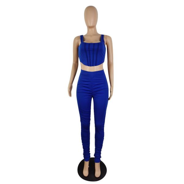 New solid color casual high elastic fold two-piece suit p8582