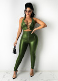 Sexy ladies suit PU leather pants zipper feet leather pants lace-up vest suit Y097