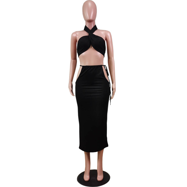 Fashion sexy solid color hollow wrap chest tie waist long skirt WY6774