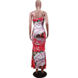 Fashion sexy mid-waist print suspender hip-length skirt dress WY6785