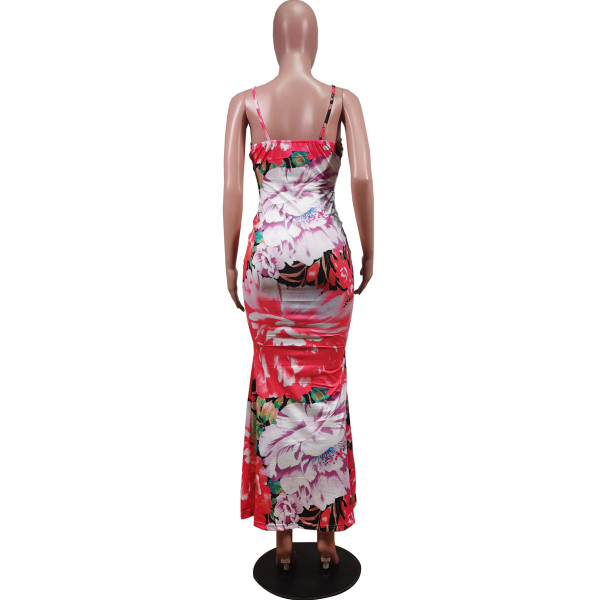 Fashion sexy mid-waist print suspender hip-length skirt dress WY6785