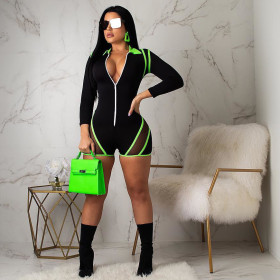 Fashion fluorescent color stitching mesh sexy slim sports jumpsuit G0196