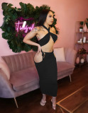 Fashion sexy solid color hollow wrap chest tie waist long skirt WY6774