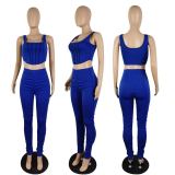 New solid color casual high elastic fold two-piece suit p8582
