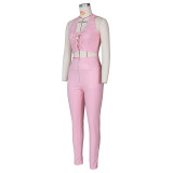 Sexy ladies suit PU leather pants zipper feet leather pants lace-up vest suit Y097
