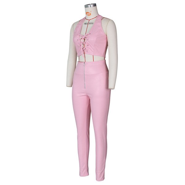 Sexy ladies suit PU leather pants zipper feet leather pants lace-up vest suit Y097